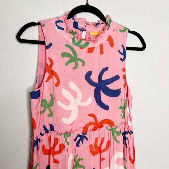 Oliphant Pink Tiered Abstract Print Sun Dress Size XS Cotton Silk - Picture 3 of 7
